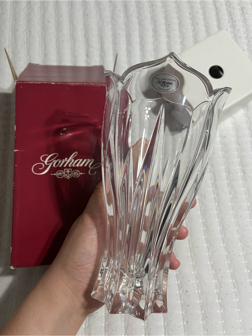 Gorham Burgundy Lotus Crystal Vase Style No. C606